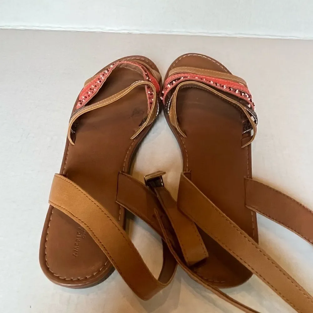 American Eagle Outfitters Sandals 8 flat orange and tan ankle strap